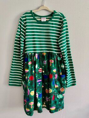 Hanna Andersson Holiday Ornament Pocket Dress Green Striped Size 8